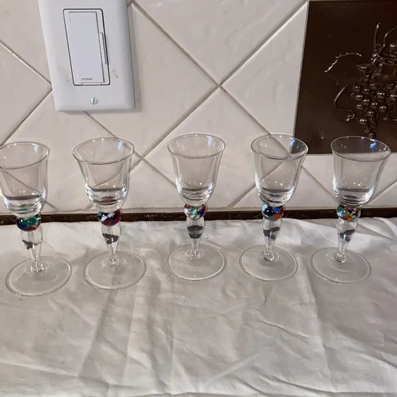 RARE Vintage Set of 5Theresienthal cordial glasses multi colored ball